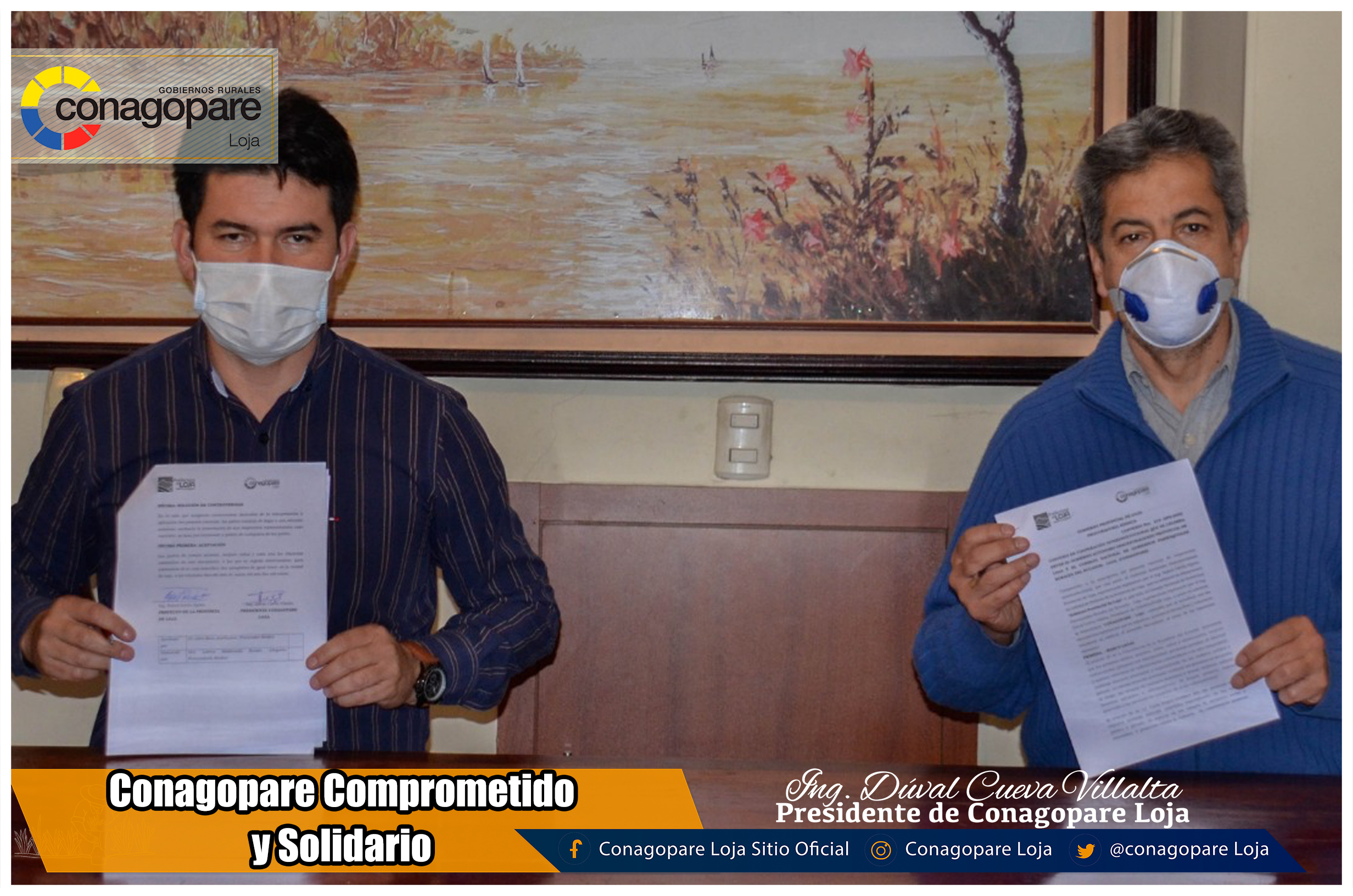 Ante la terrible situación que esta atravesando el territorio ecuatoriano debido a la pandemia del COVID19 (coronavirus), son varios los esfuerzos que se están realizando en apoyo a los sectores más vulnerables de la ruralidad de la provincia de Loja, en este contexto hoy se firmó un convenio de apoyo interinstitucional entre el Conagopare Loja y la Prefectura de Loja, para la entrega de 4000 kit´s de alimentos en las 78 parroquias de la provincia, acción que será coordinada por el Centro de Acción Social Matilde Hidalgo y el Conagopare Loja.